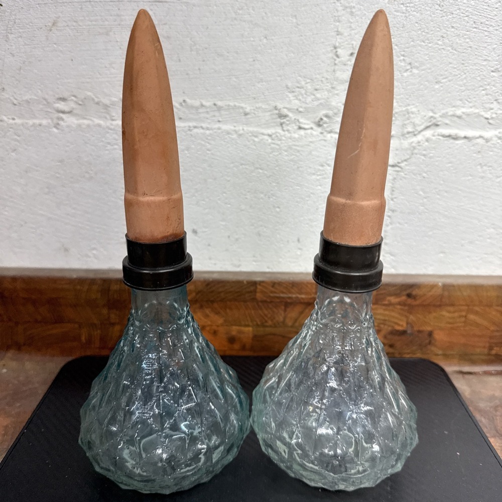 2 Faceted Globes Glass Plant Watering Bulb W/Terracotta Spike VTG 9" Self Water
